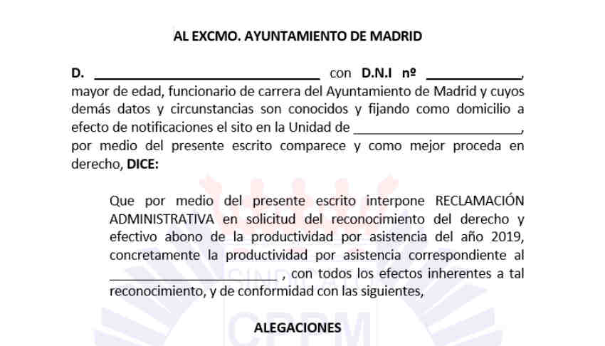 Reclamación administrativa productividad por asistencia 2019 Policía Municipal Madrid