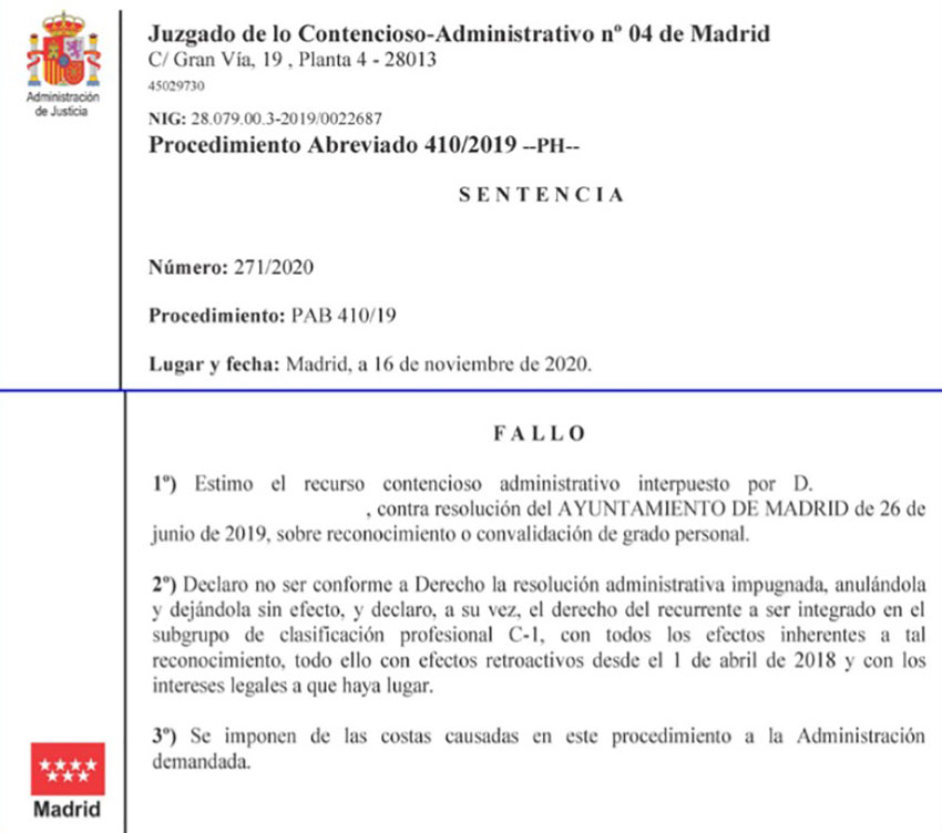 Sentencia Ganada Reclasificación C1 con título de técnico Ayto Madrid