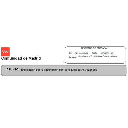 Registro escrito Consejero Sanidad Astrazeneca