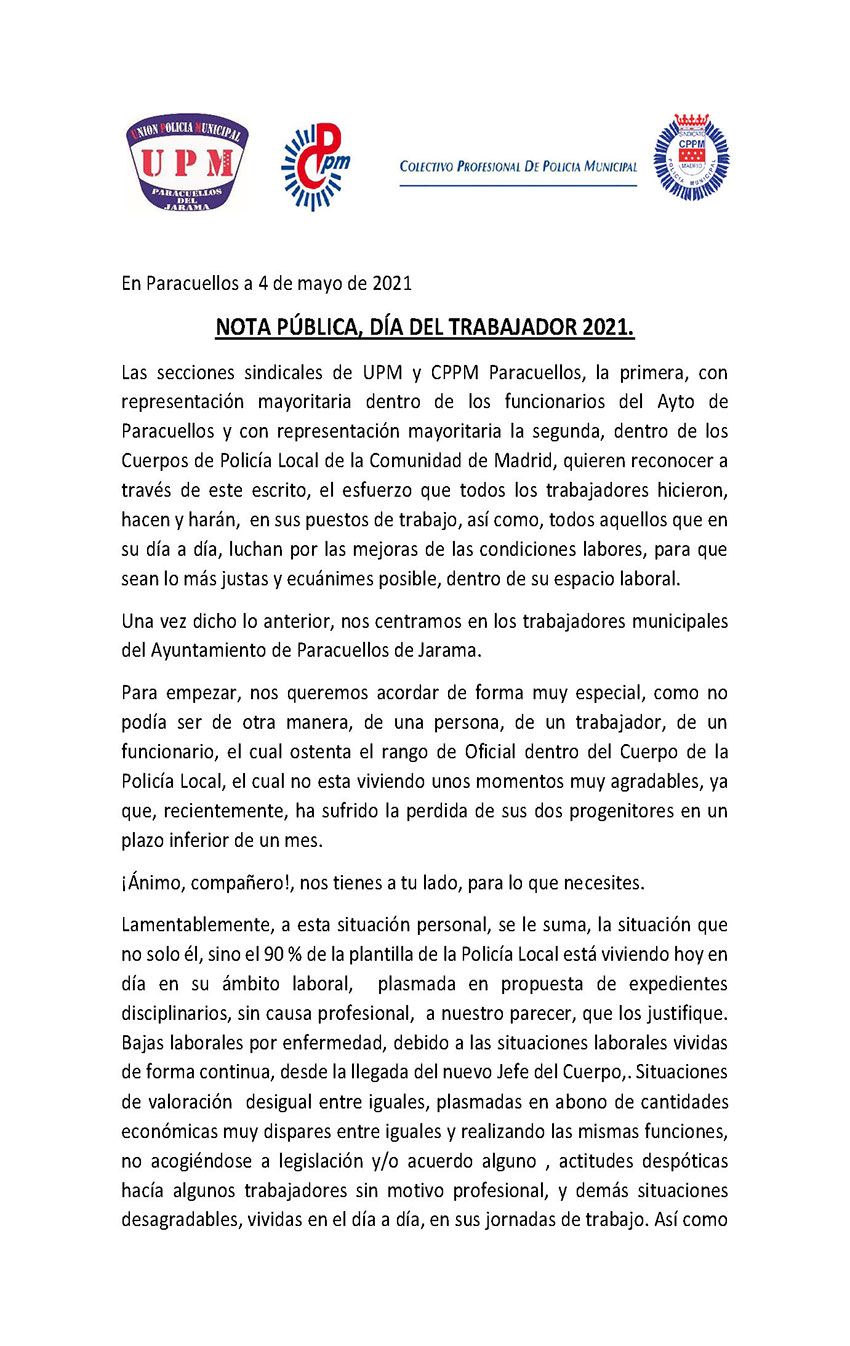 Nota prensa dia trabajador CPPM UPM Paracuellos Jarama